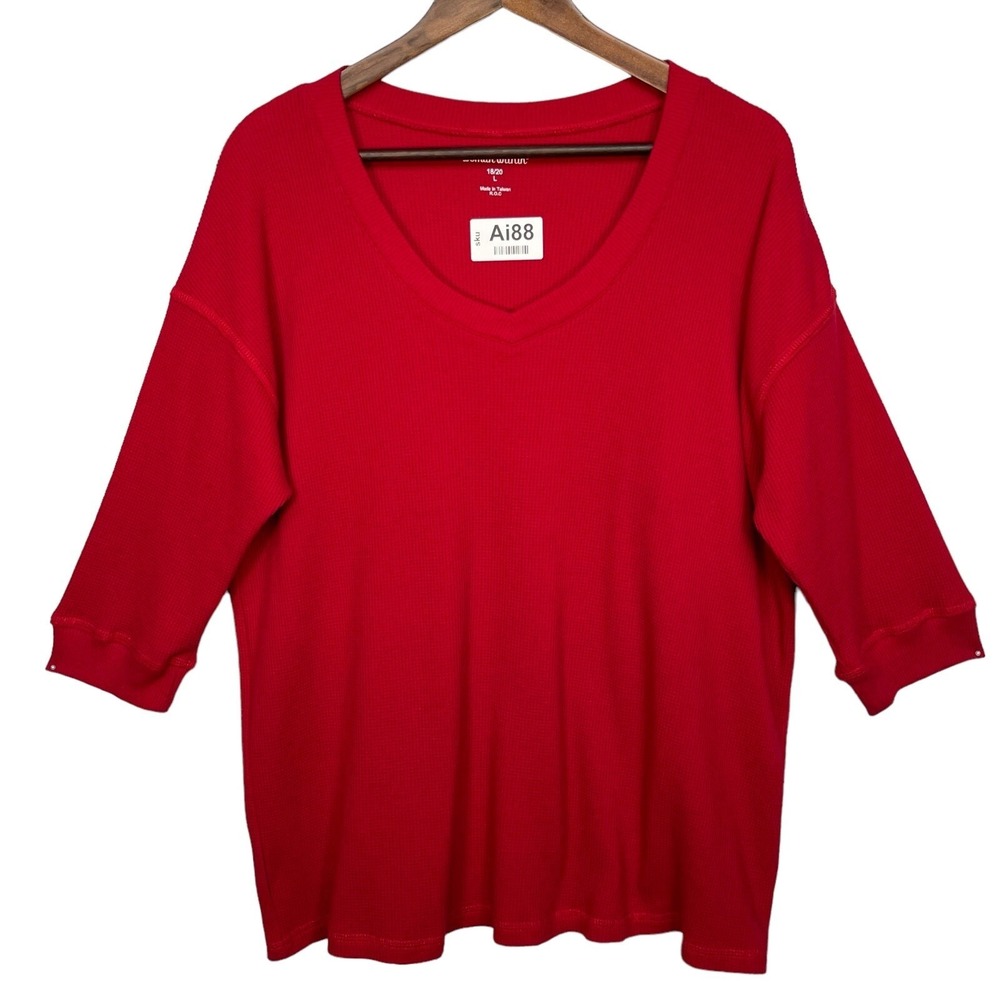 Woman Within Red Waffle Knit Thermal V-Neck Top 3/4 Sleeve Plus Size 20